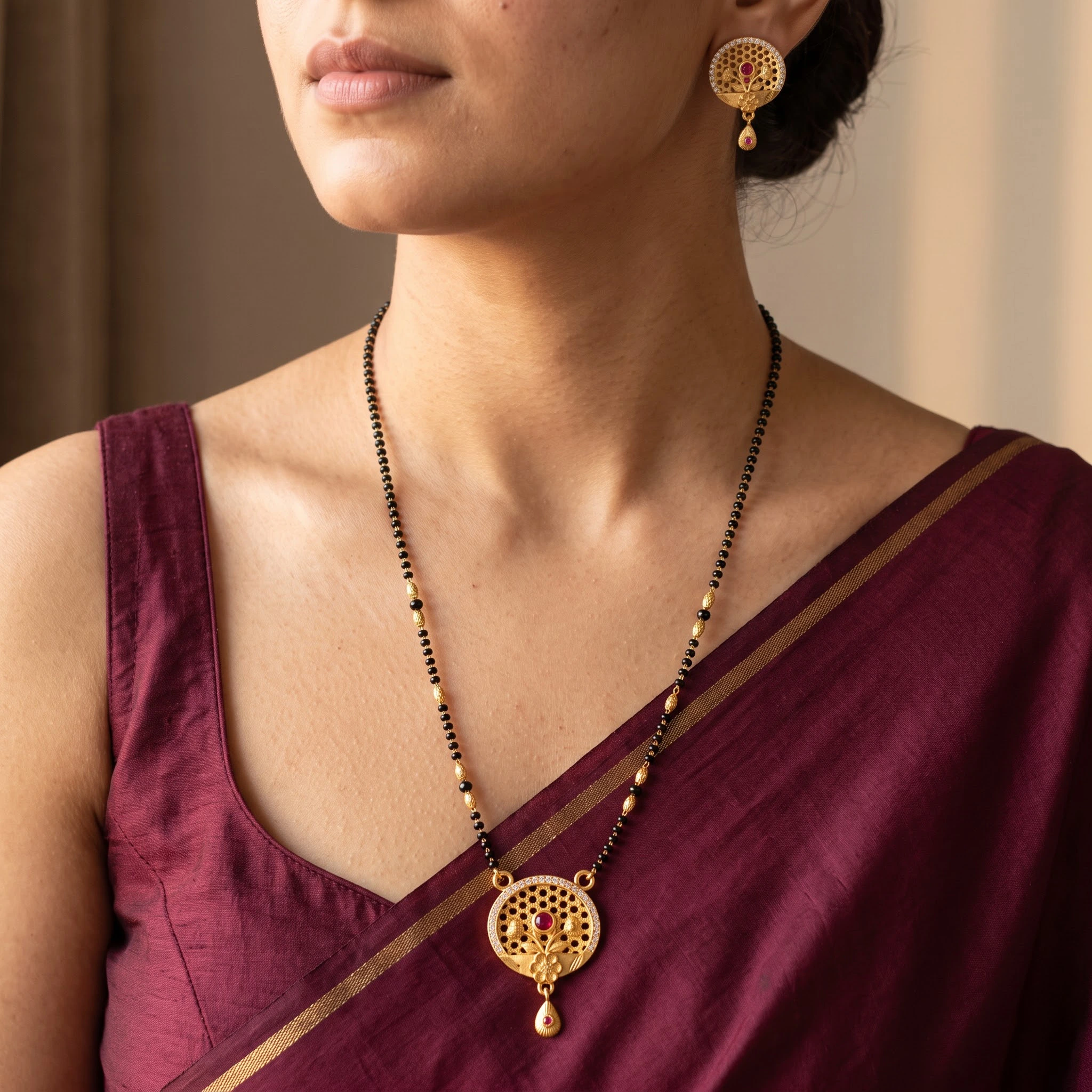 Graceful Circular Motif Gold-Plated CZ & Ruby Mangalsutra Set