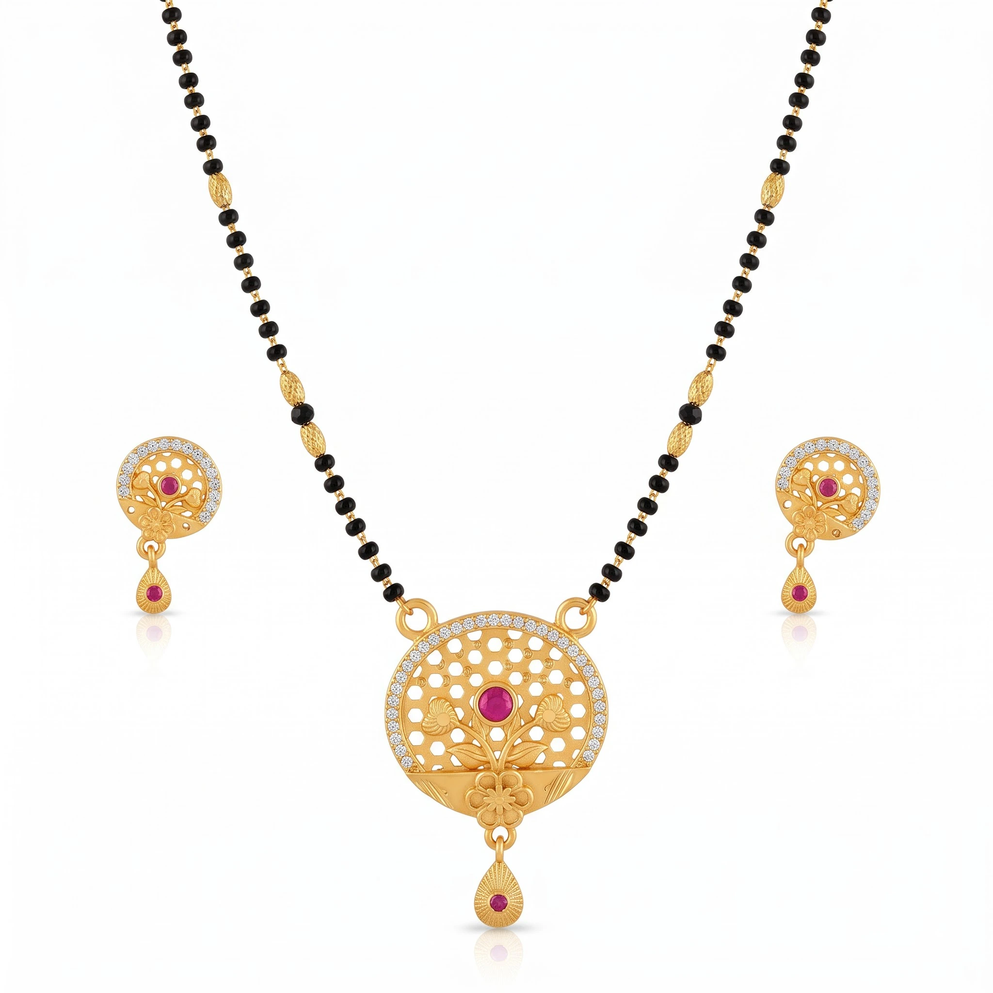 Graceful Circular Motif Gold-Plated CZ & Ruby Mangalsutra Set