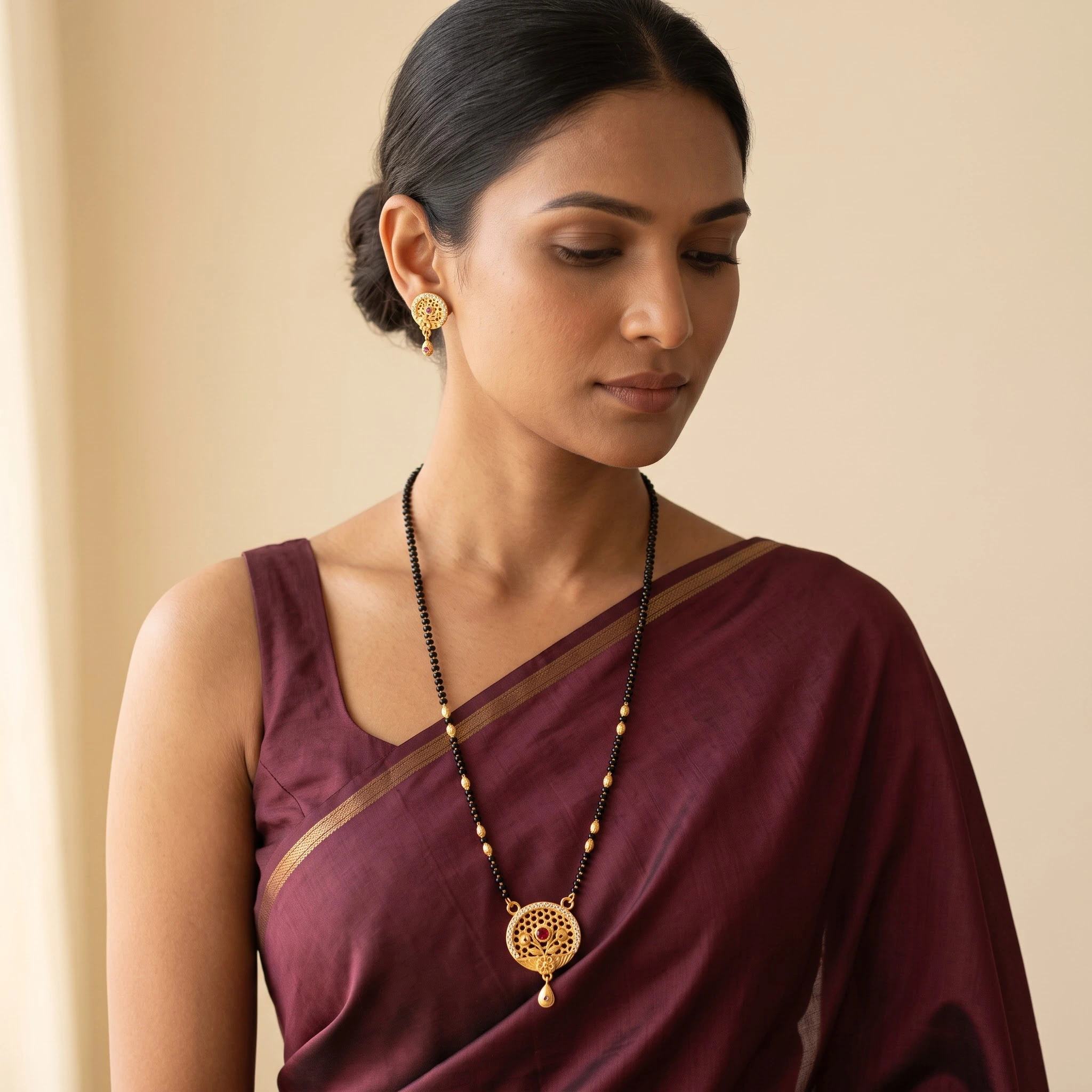 Graceful Circular Motif Gold-Plated CZ & Ruby Mangalsutra Set