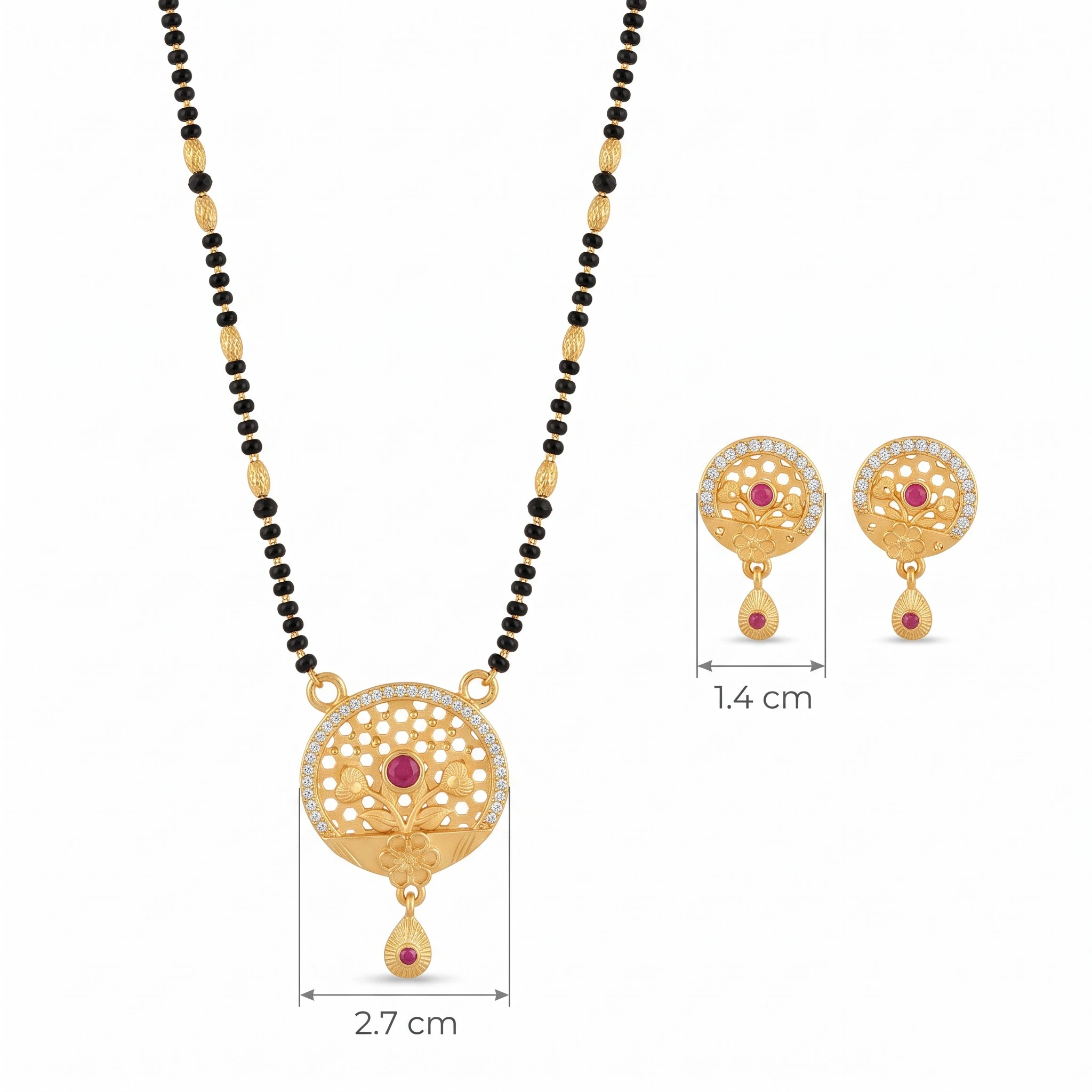 Graceful Circular Motif Gold-Plated CZ & Ruby Mangalsutra Set