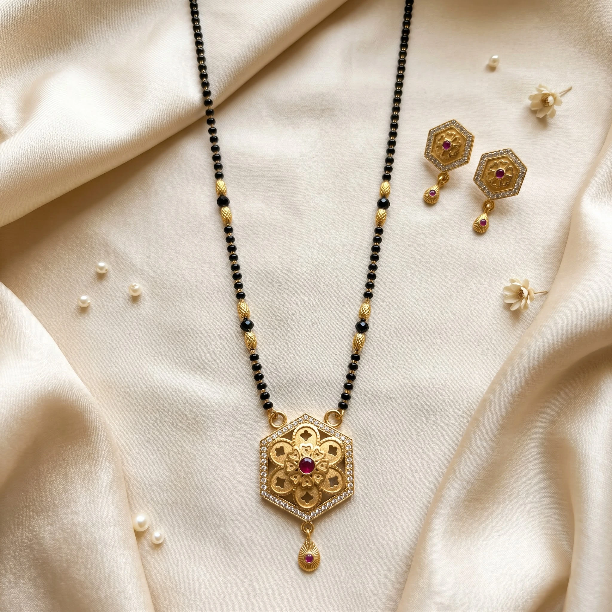 Exquisite Hexagonal Floral Motif Gold-Plated CZ & Ruby Mangalsutra Set