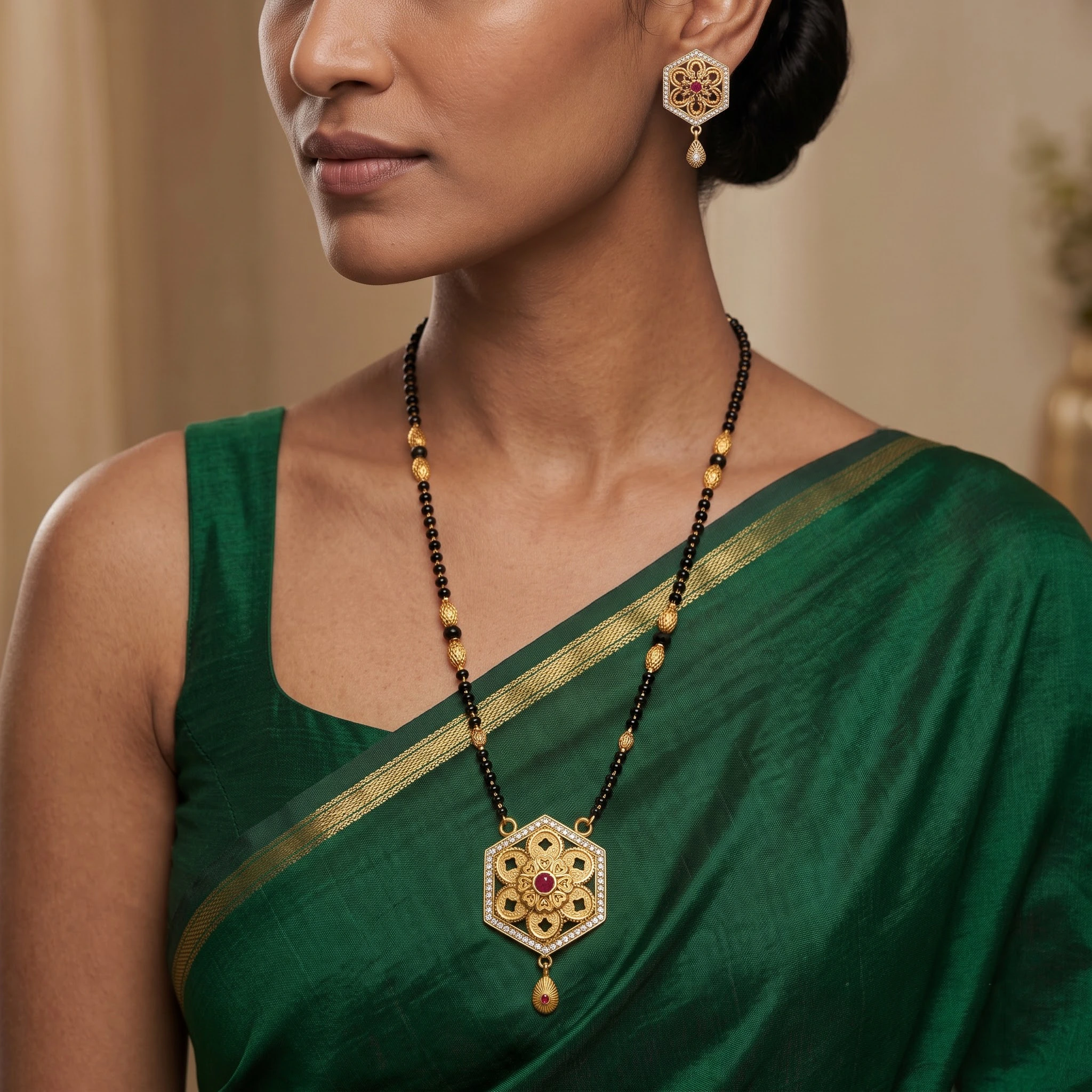 Exquisite Hexagonal Floral Motif Gold-Plated CZ & Ruby Mangalsutra Set