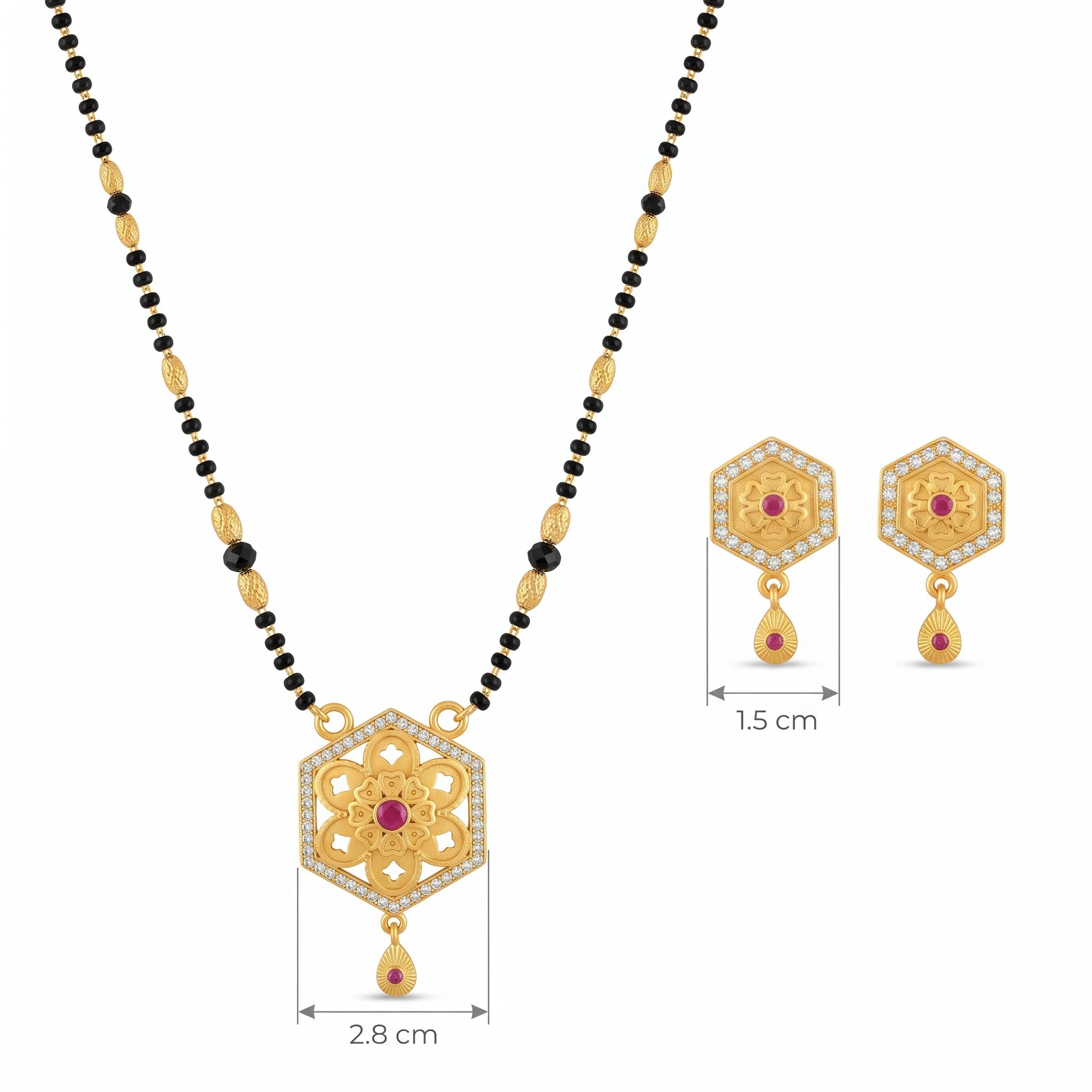 Exquisite Hexagonal Floral Motif Gold-Plated CZ & Ruby Mangalsutra Set