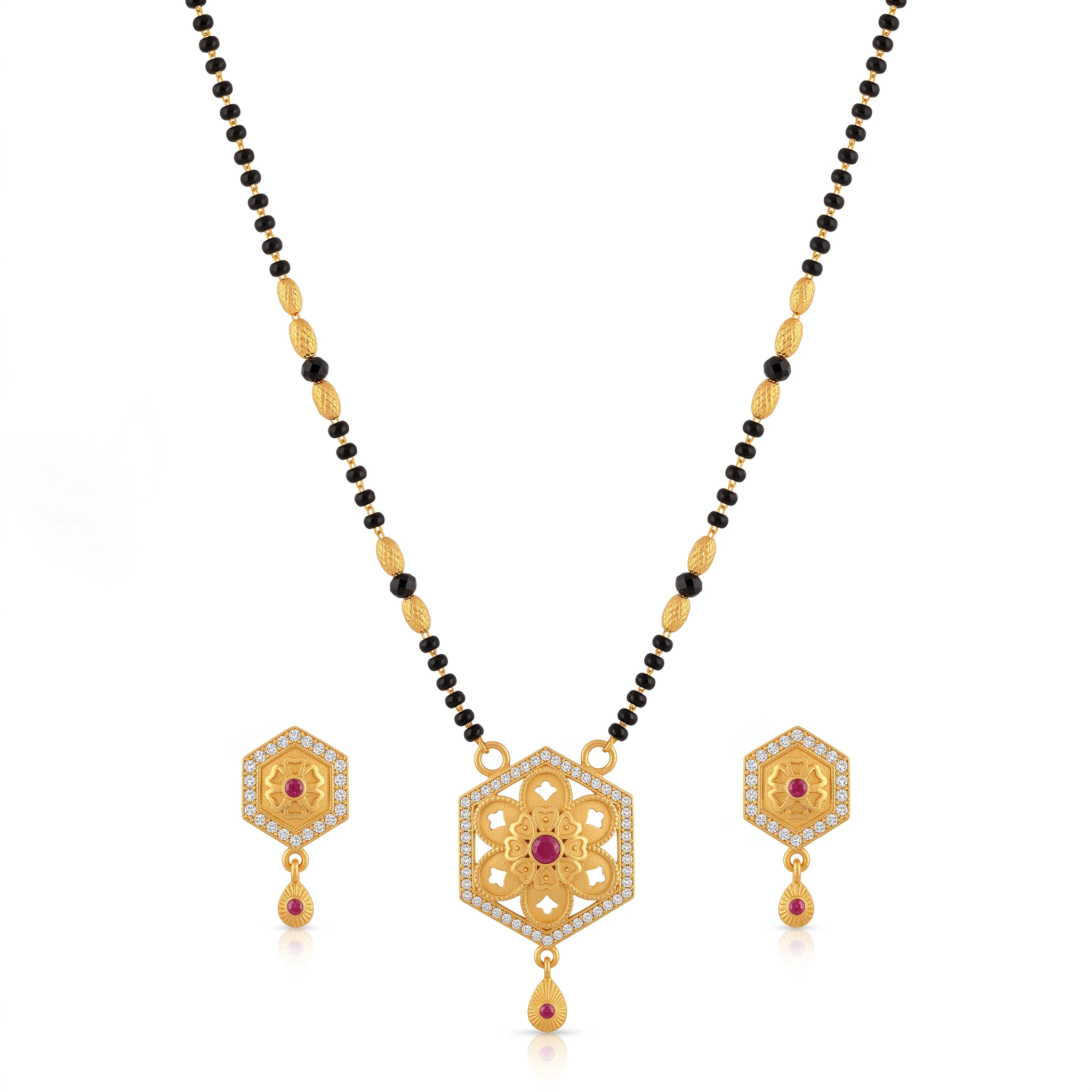 Exquisite Hexagonal Floral Motif Gold-Plated CZ & Ruby Mangalsutra Set