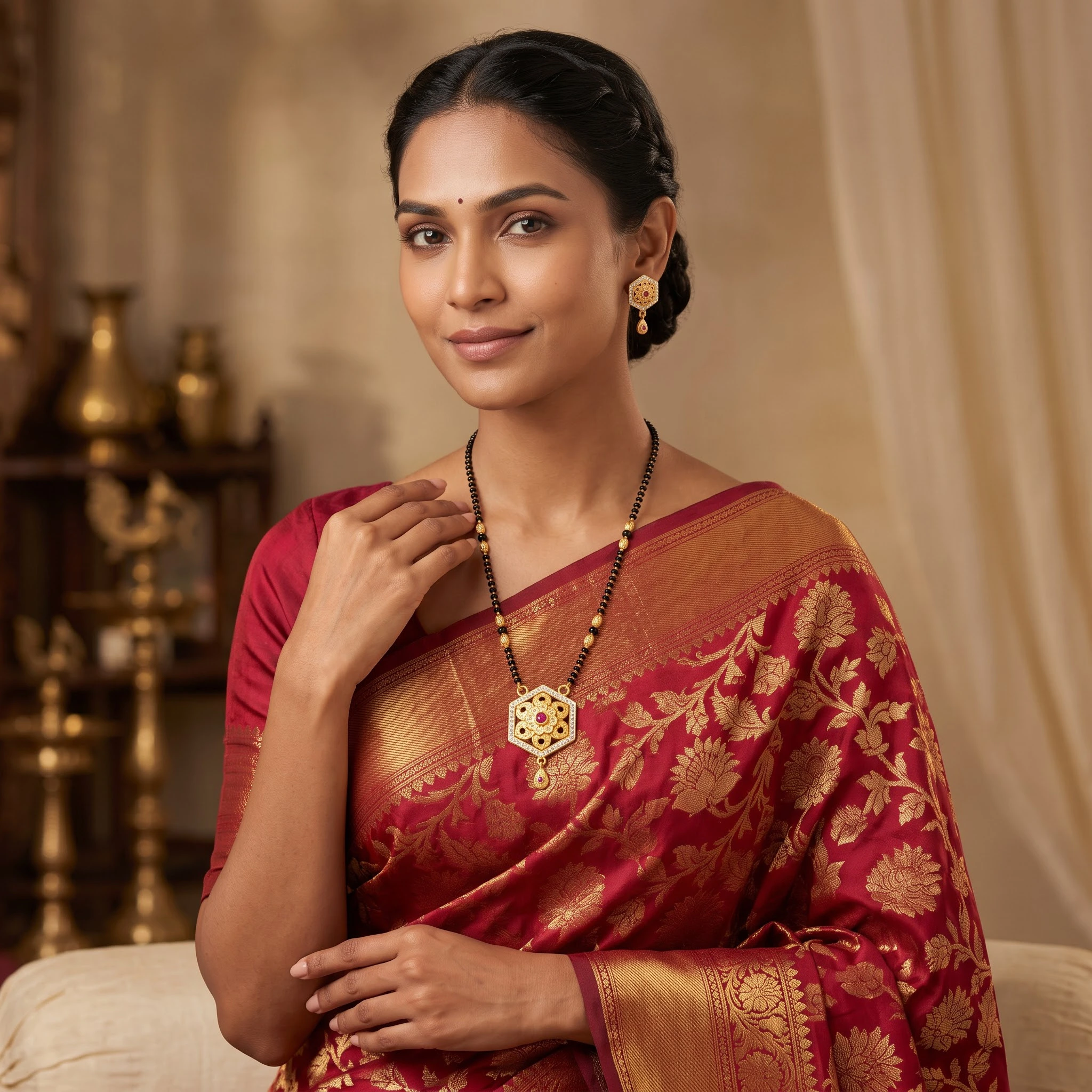 Exquisite Hexagonal Floral Motif Gold-Plated CZ & Ruby Mangalsutra Set