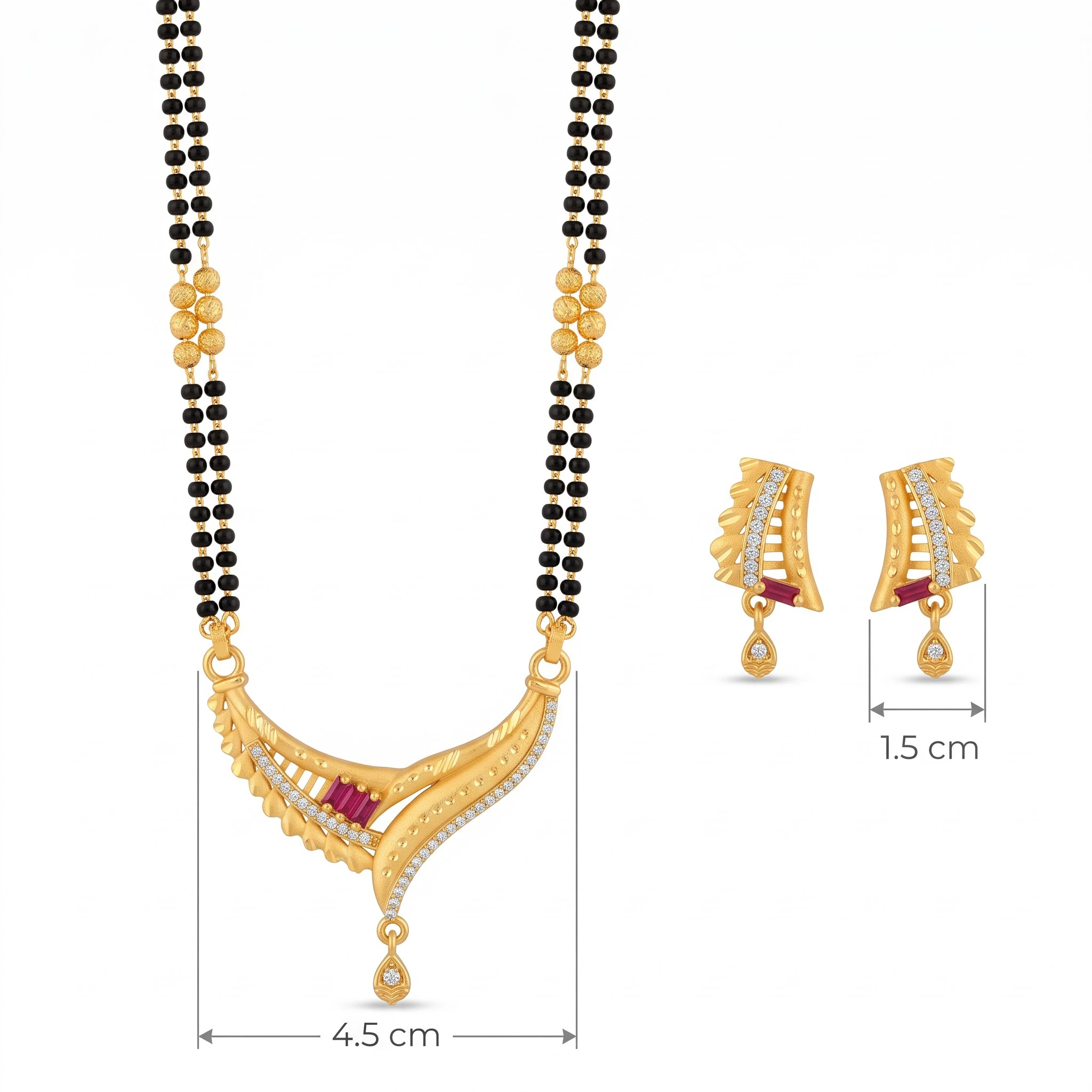 Elegant Double-Strand Gold-Plated CZ & Baguette Ruby Mangalsutra Set
