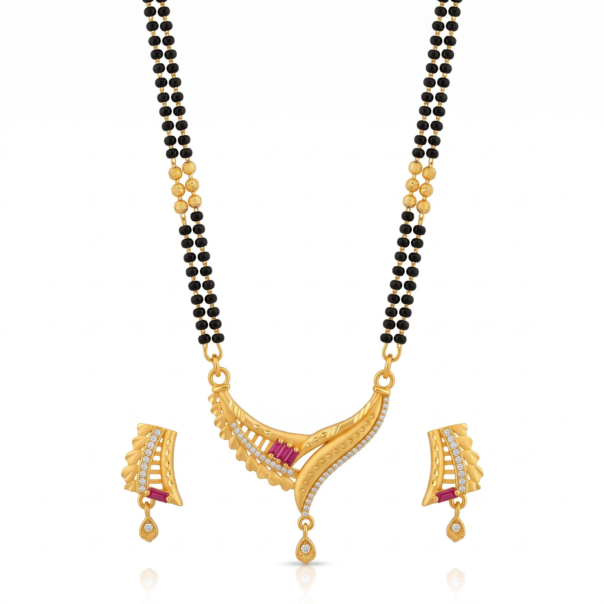 Elegant Double-Strand Gold-Plated CZ & Baguette Ruby Mangalsutra Set