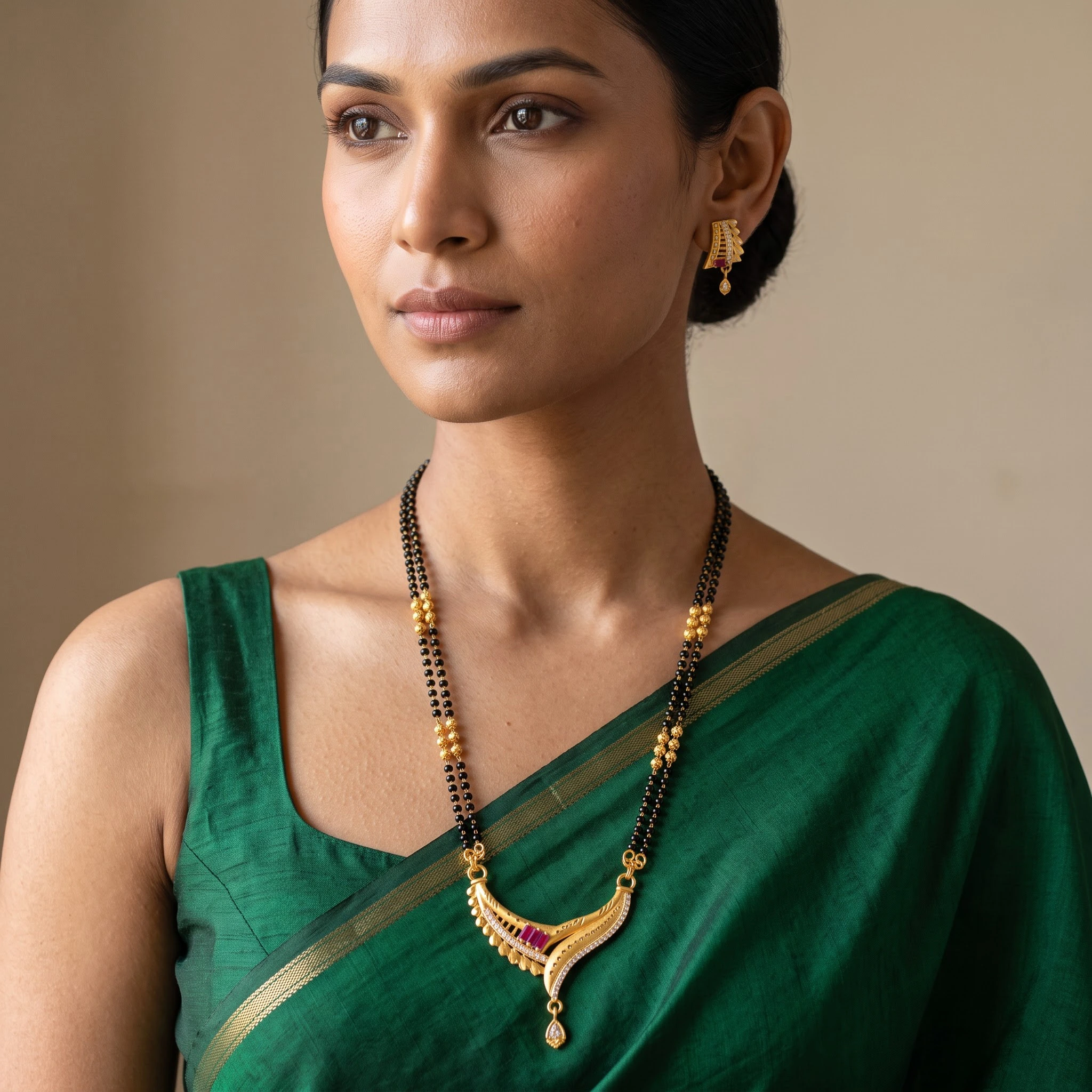 Elegant Double-Strand Gold-Plated CZ & Baguette Ruby Mangalsutra Set