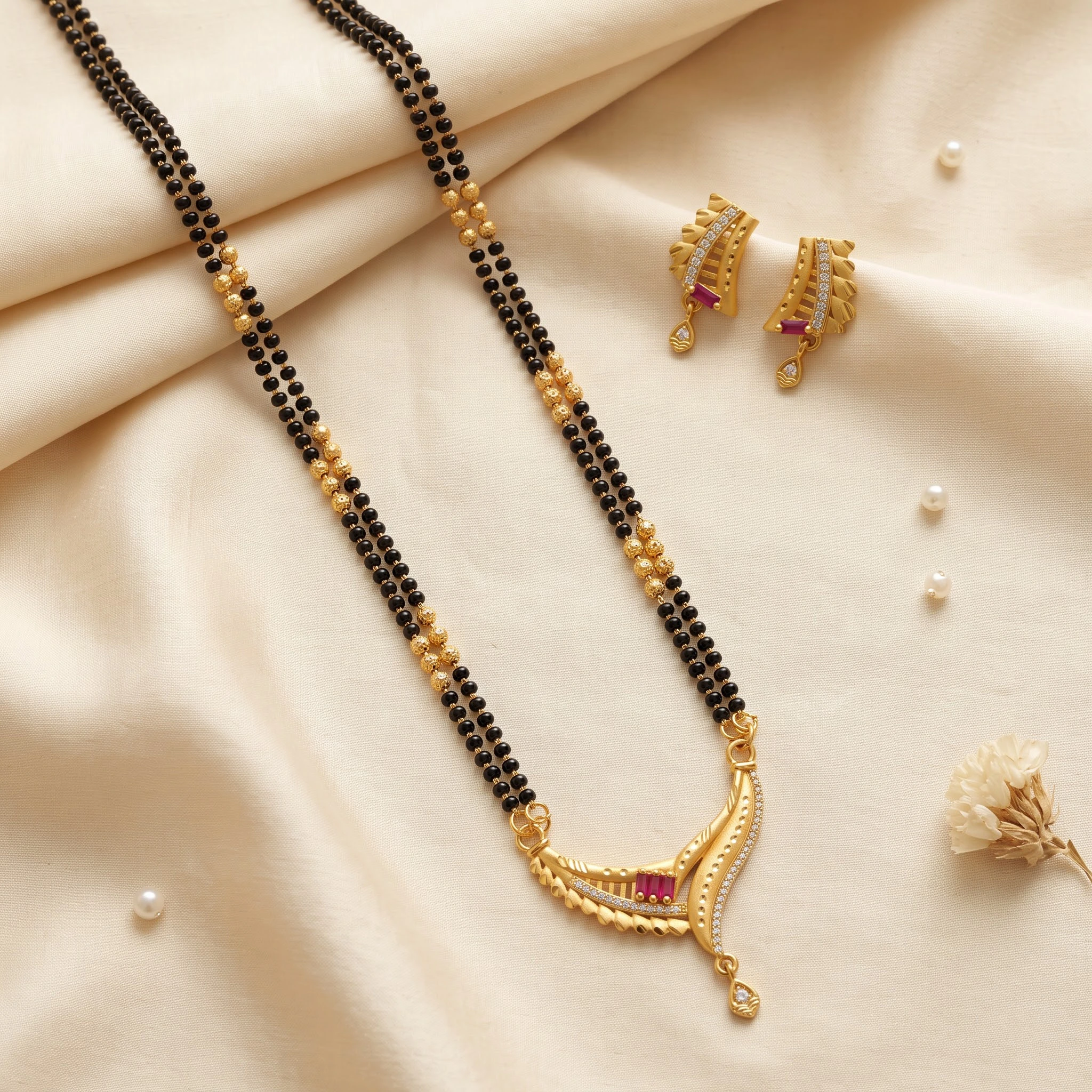 Elegant Double-Strand Gold-Plated CZ & Baguette Ruby Mangalsutra Set
