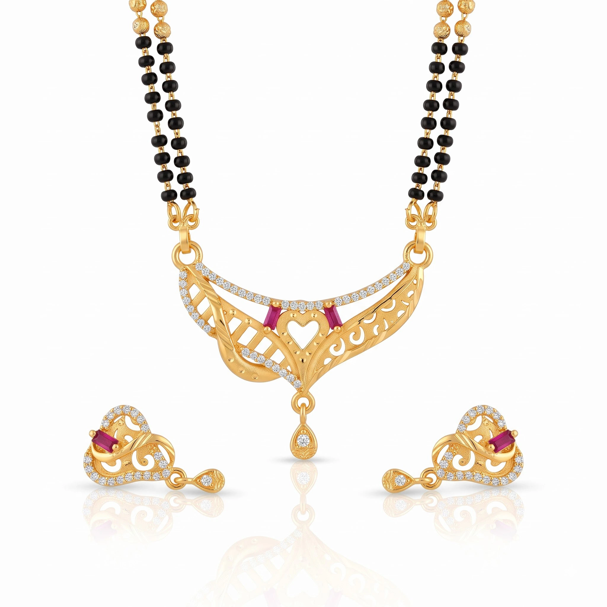 Radiant Heart Motif Gold-Plated CZ & Baguette Ruby Mangalsutra Set