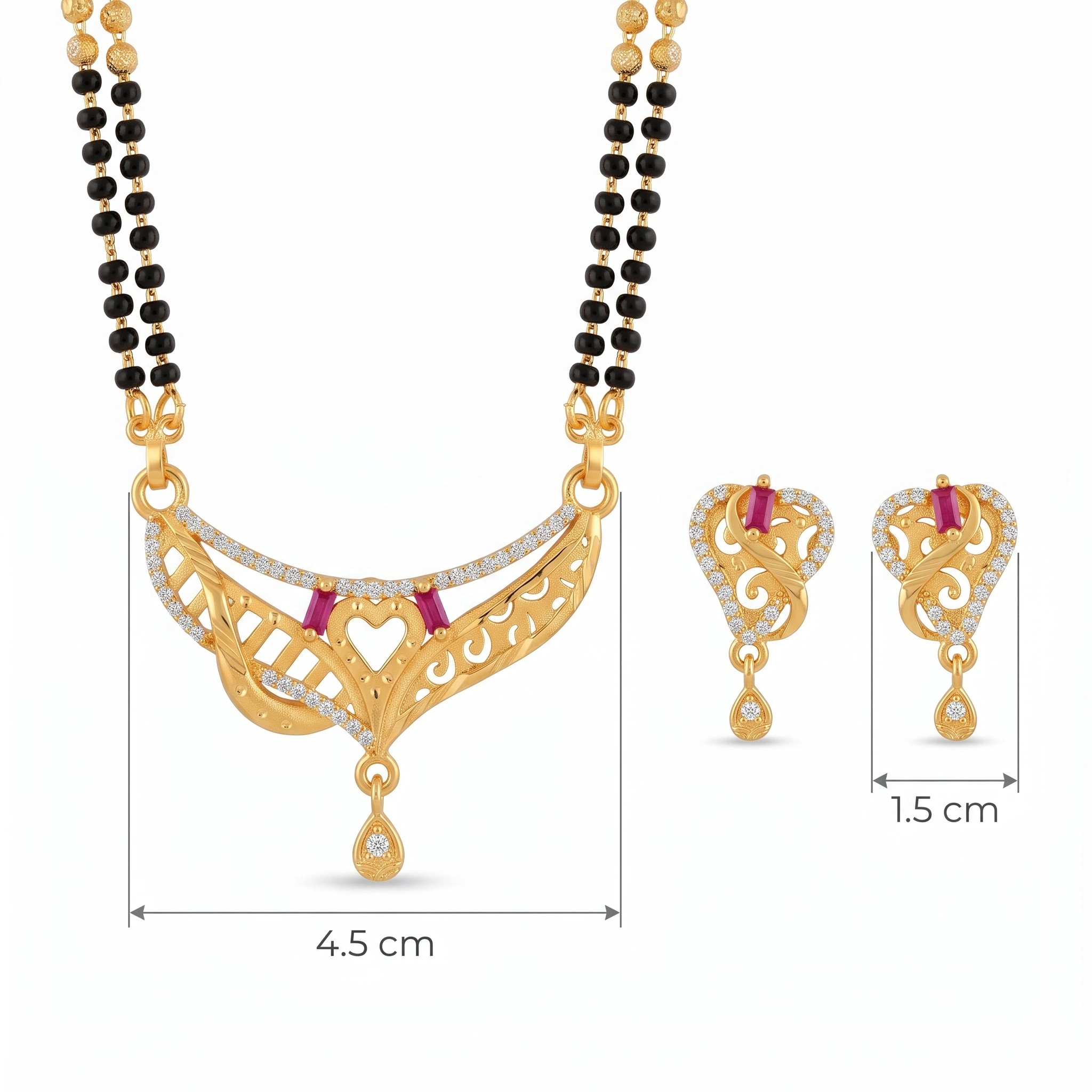 Radiant Heart Motif Gold-Plated CZ & Baguette Ruby Mangalsutra Set