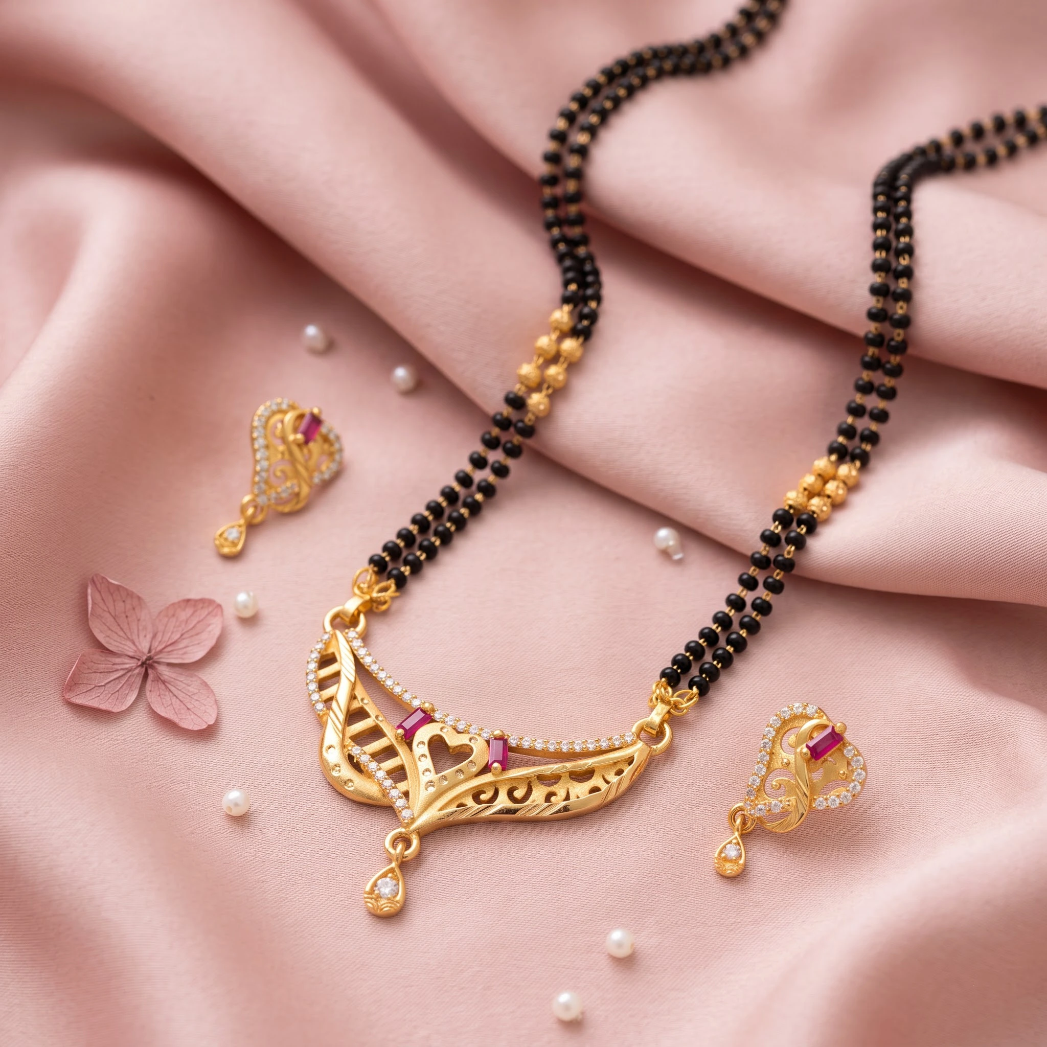 Radiant Heart Motif Gold-Plated CZ & Baguette Ruby Mangalsutra Set
