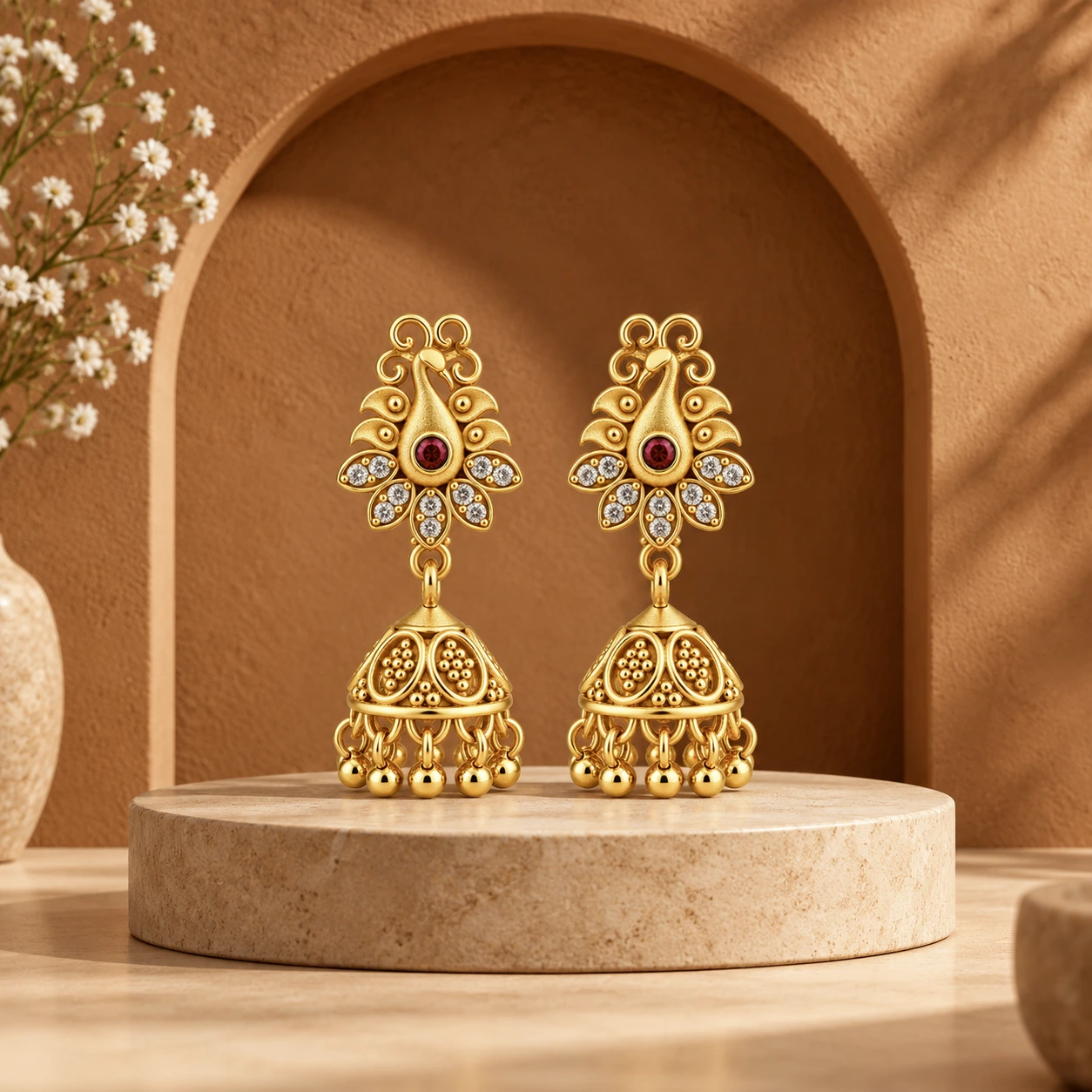Gold Tone Peacock Jhumka Earrings with Ruby & Clear Stones for Women