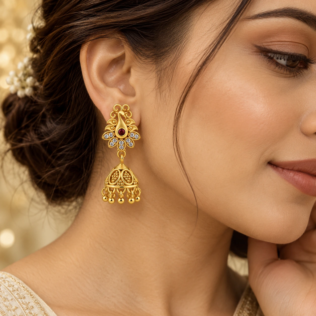 Gold Tone Peacock Jhumka Earrings with Ruby & Clear Stones for Women