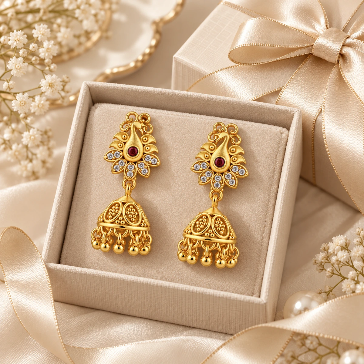 Gold Tone Peacock Jhumka Earrings with Ruby & Clear Stones for Women