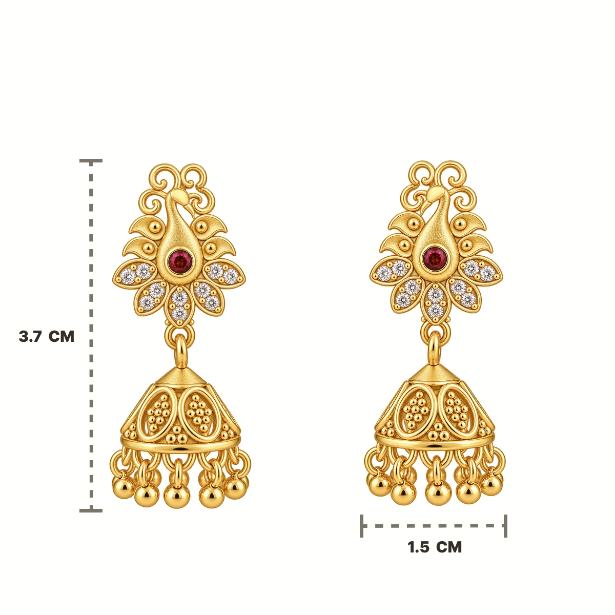 Gold Tone Peacock Jhumka Earrings with Ruby & Clear Stones for Women