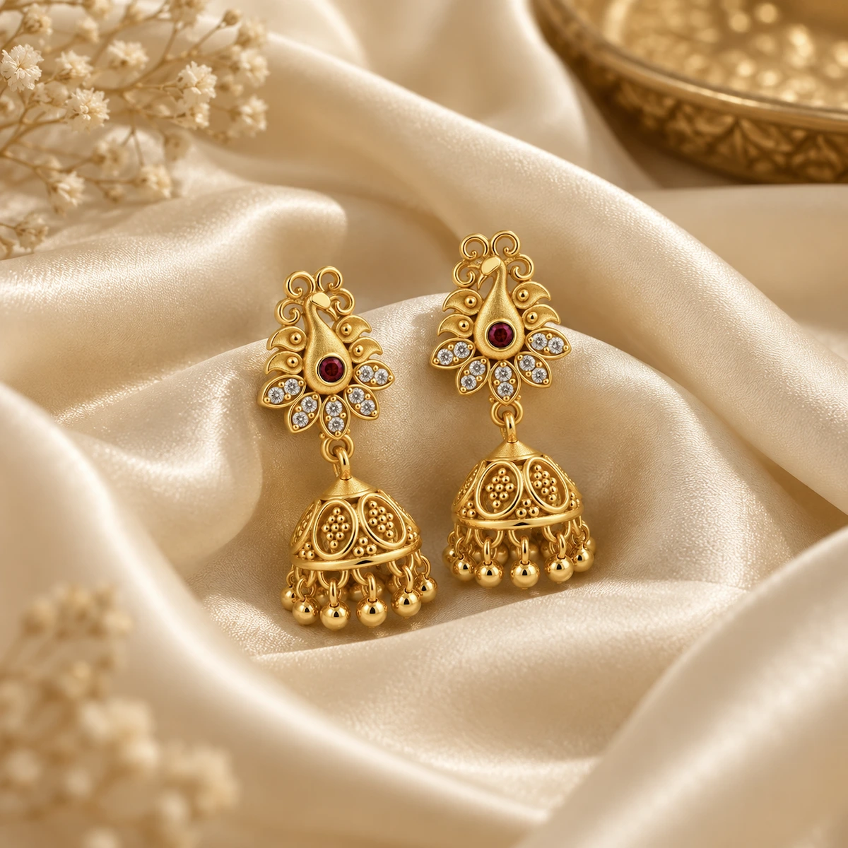 Gold Tone Peacock Jhumka Earrings with Ruby & Clear Stones for Women