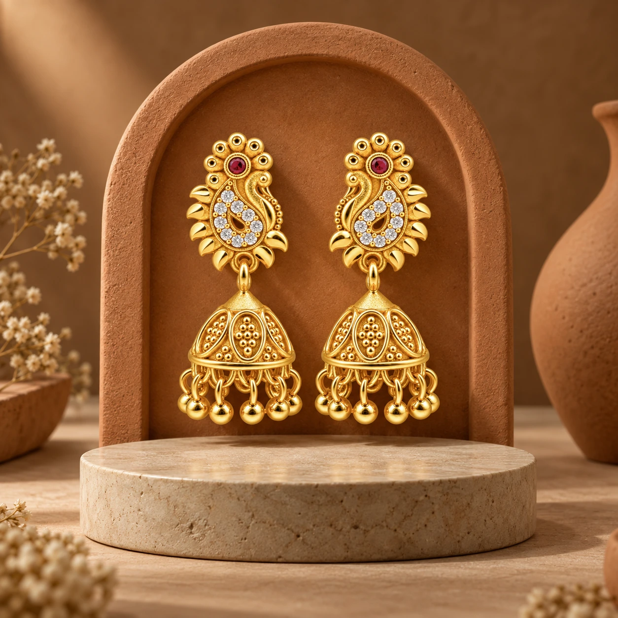 Traditional Gold-Plated Ruby Paisley Jhumka Earrings