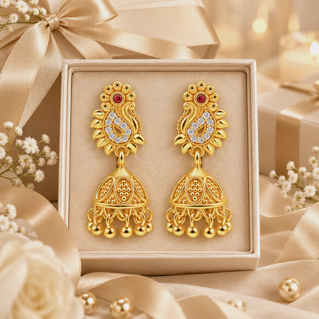 Traditional Gold-Plated Ruby Paisley Jhumka Earrings