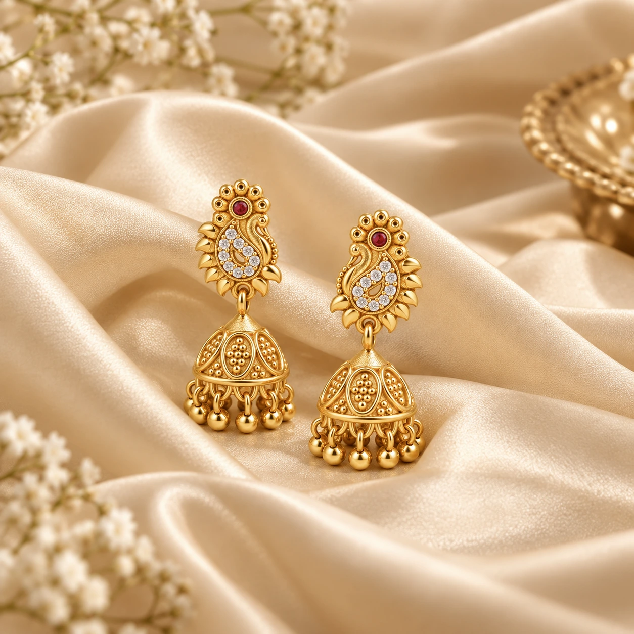 Traditional Gold-Plated Ruby Paisley Jhumka Earrings