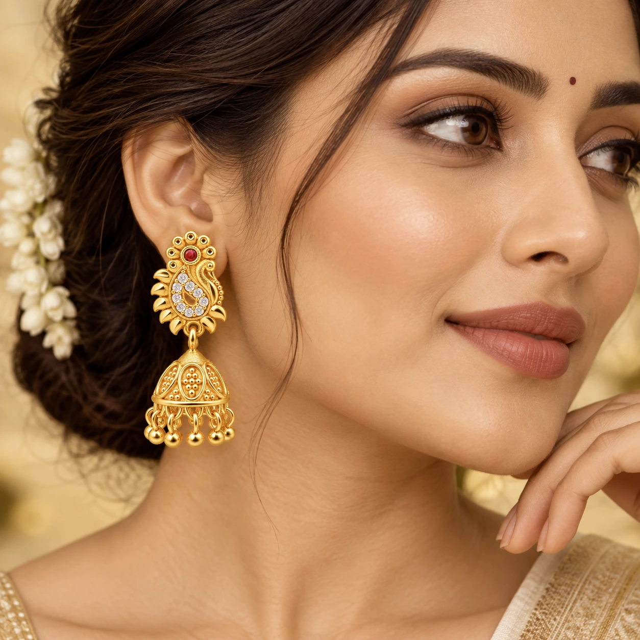 Traditional Gold-Plated Ruby Paisley Jhumka Earrings